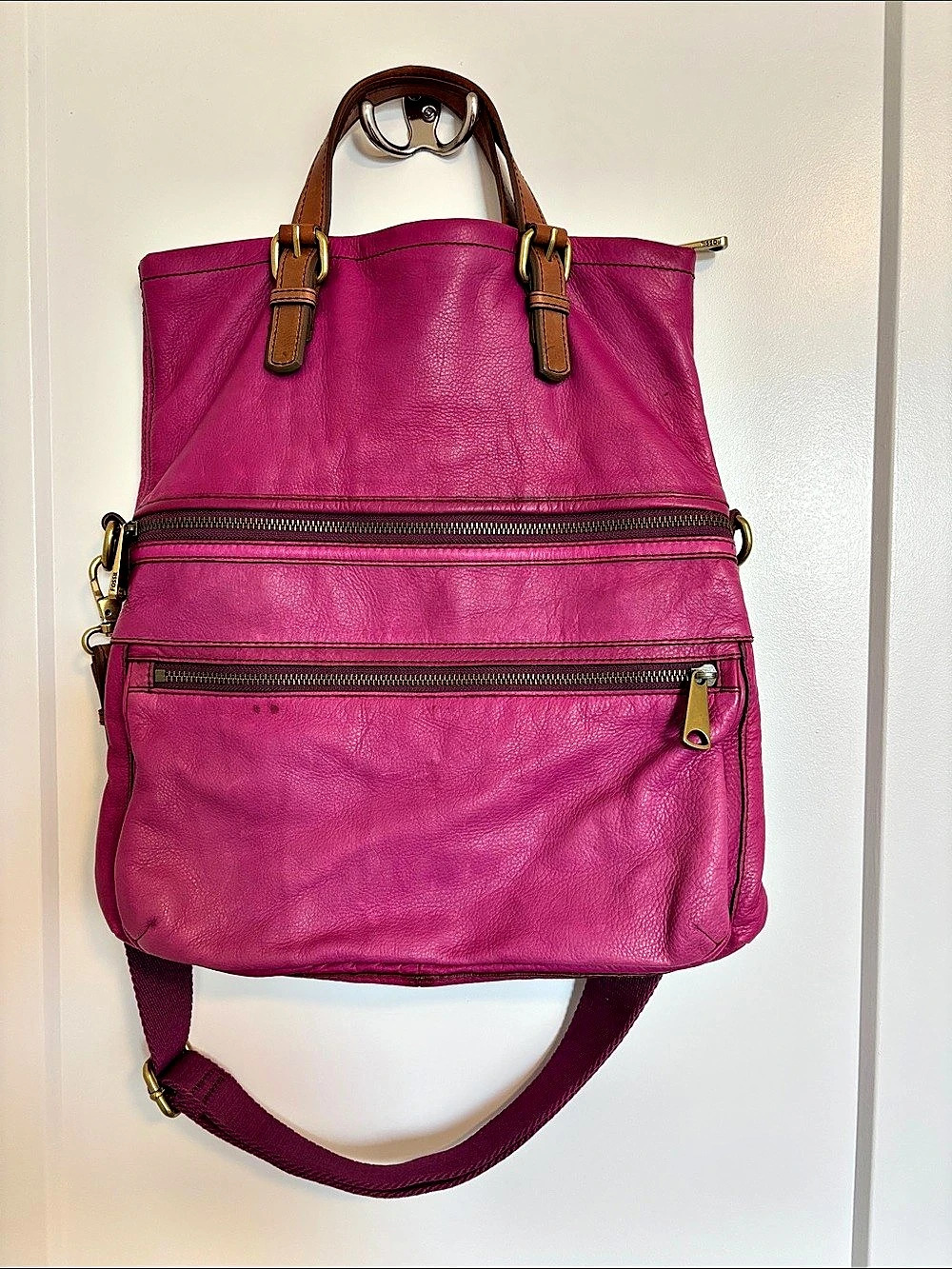 Fossil Explorer Foldover Tote Pink Leather Bag